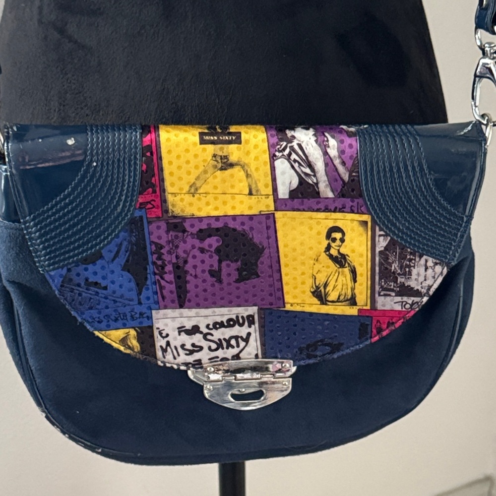 Esbeda Pop Art Blue & Multicolor Crossbody Bag flap faux‎ suede faux patent